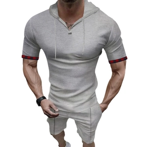Men's grey waffle knit hooded t-shirt and shorts set with plaid sleeve cuffs