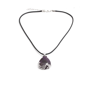 Tiger eye crystal teardrop pendant necklace with silver flower wrap on black cord chain