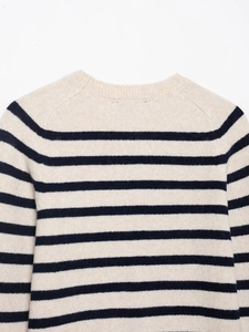 Close-up detail of the crew neck and raglan sleeve seams on the striped knit sweater