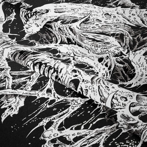 Close-up of black and white gothic skull printed fabric with detailed woven texture