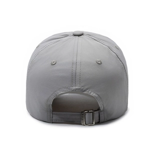 Rear view of grey quick-dry baseball cap with adjustable metal buckle and breathable fabric