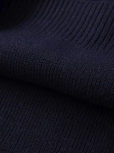 Detailed macro view of the premium navy blue ribbed knit texture on this fashion sweater