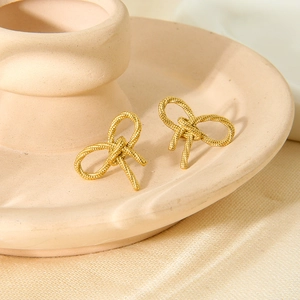 Ins Delicate Bow Stainless Steel Stud Earrings Gold Plated Tarnish Resistant Knot Texture Elegant Minimalist Jewelry For Women