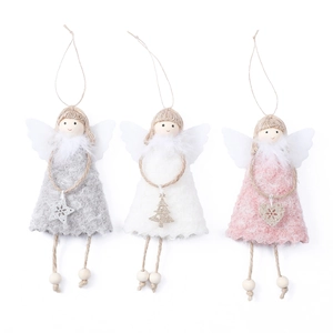 Tre decorazioni natalizie con angeli di peluche grigio, bianco e rosa con stella glitter
