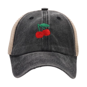 Vintage mesh baseball cap with cherry embroidery and breathable washed denim panels