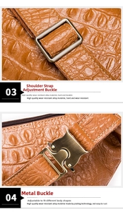 Detail of adjustable alloy buckle and metal clip on brown crocodile leather bag