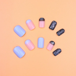 Short round press-on nails in lavender purple, glitter, and ombre blue gradient finish