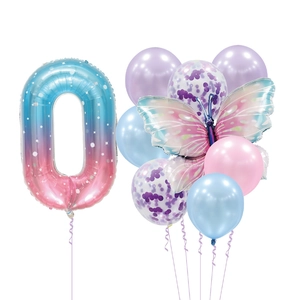 Blue and purple butterfly number 0 balloon set for kids' birthday party decorations