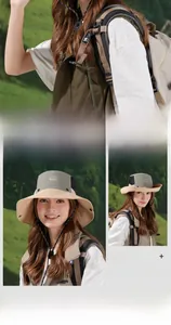 Detail of waterproof breathable sun hat with side snap buttons for two-way wearing style