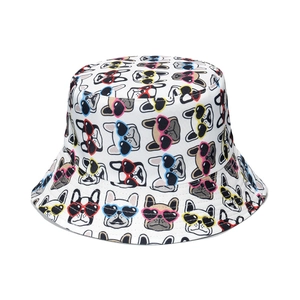 White reversible bucket hat featuring cute French Bulldogs with heart sunglasses print