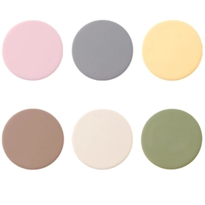 Set of six round silicone heat-resistant coasters in diverse pastel colors with logo