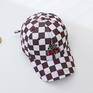 Kids brown and white checkerboard baseball cap with racing car flag embroidery patch