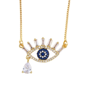 Gold plated Turkish evil eye pendant necklace with blue stones and clear zircon crystals