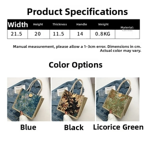 Detailed dimension chart for floral canvas lunch tote bags in blue, black, and green