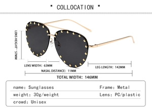 Detailed size specifications for gold metal aviator sunglasses with studded black lenses