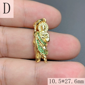 Detailed view of gold St. Jude Thaddeus religious pendant with green stones, 10.5*27.6mm size