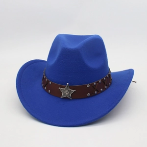 Detail of blue cowboy hat featuring a brown band, silver studs and a sheriff star badge