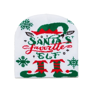 Detail of white Christmas knit hat with SANTA'S favorite ELF lettering and festive motifs