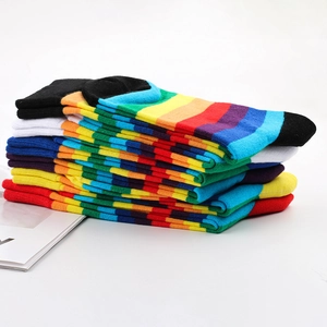Rainbow striped crew socks made of soft knit cotton for casual party wear