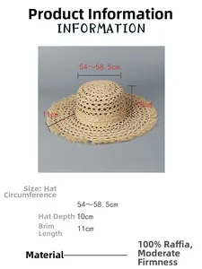 Size specifications for 100% raffia sun hat with frayed edge and 11cm wide brim