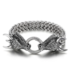 Men's vintage stainless steel Franco link bracelet featuring detailed wolf heads and ring clasp