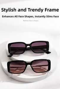 Detail of square sunglasses with black frames and purple gradient lenses on white stands