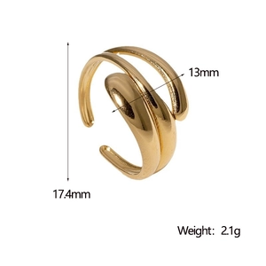 Detail view of gold multilayer wrapped open ring with dimensions 17.4mm height and 13mm width