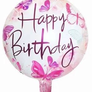Pink laser butterfly foil balloon for birthday party decorations with Happy Birthday text