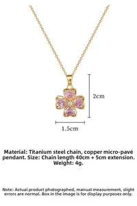 Detail of pink heart zircon clover necklace in titanium steel with measurement indicators