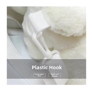 Detail of durable white plastic hook and soft plush fabric strap on the cat backpack