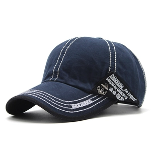 Dark blue cotton baseball cap with white contrast stitching and anchor metal charm detail