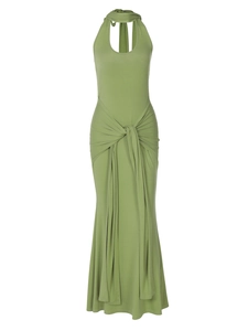 Elegant green halter neck long dress with waist tie and fisheye hem on white background