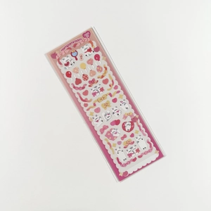 Close-up of cute Korean style cartoon cat stickers with hearts and balloon elements
