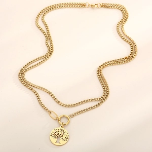 Gold double-layer Cuban chain necklace with a Tree of Life pendant and OT toggle clasp