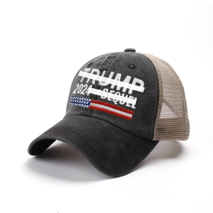 Washed dark gray and beige mesh Trump 2024 The Sequel embroidered baseball trucker hat