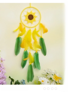 Detailed crochet sunflower dream catcher with soft yellow and green hanging feathers