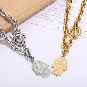 Hamsa hand pendant necklaces with toggle clasp in silver and gold stainless steel finish