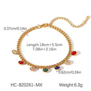 Dimensions détaillées et poids du bracelet en acier doré avec des zircons colorés
