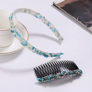 Floral headband and hair comb set with white pearls and turquoise stones on white background