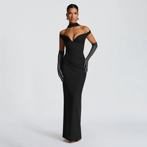 Elegant black off-shoulder bodycon evening dress with long gloves and mermaid hem