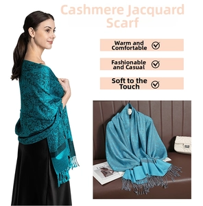 Detail of teal blue paisley jacquard scarf showing intricate weave and fringe edges