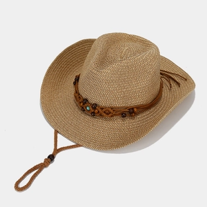 Straw sun hat with bohemian beaded band and turquoise stone for summer vacations