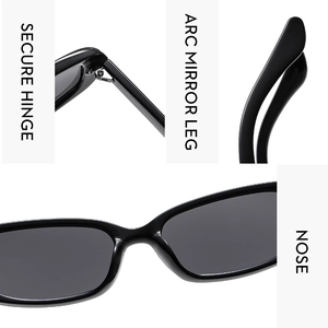Detail view showing secure hinges, arc mirror legs, and nose pads of black sunglasses