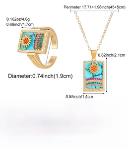 Detail of The Sun tarot pendant and ring set in gold brass with turquoise and zircon