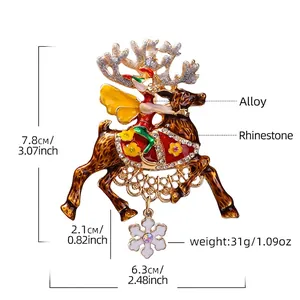 Christmas reindeer and fairy brooch with colorful enamel, rhinestones and snowflake charm