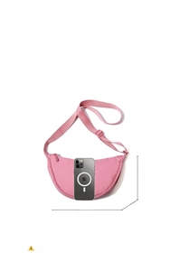 Pink nylon crossbody bag size comparison showing dimensions 30cm x 15cm x 9cm with phone
