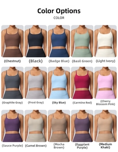 Detail view showing a variety of 15 colors for the thin strap yoga sports tank top