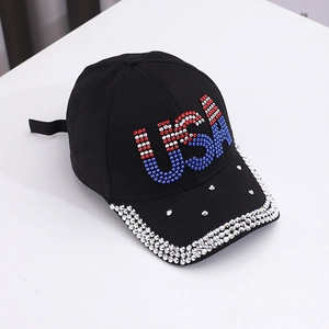 Black cotton baseball cap with USA rhinestone lettering and sparkling brim detail