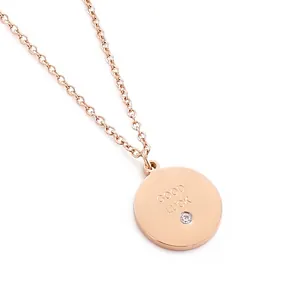 Collier Pendentif Disque Rond Acier Inoxydable 316L Gravé Good Luck Avec Zircon Bijoux Pièce Minimalistes Pour Femmes