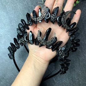 Handmade black crystal moon and star crown headband set for goddess party hair styling